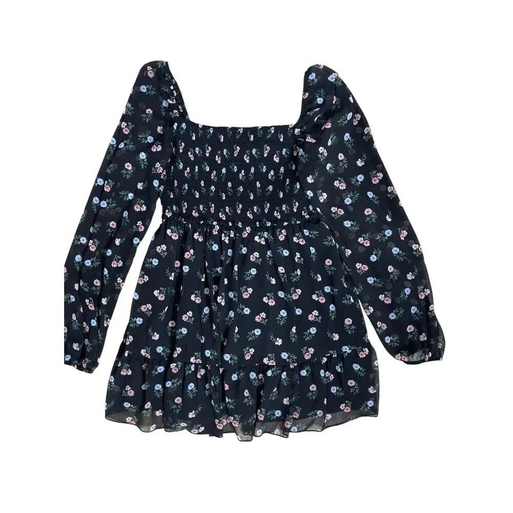 Charlotte Russe Floral Smocked Mini Dress Medium Black Cottagecore Long Sleeve